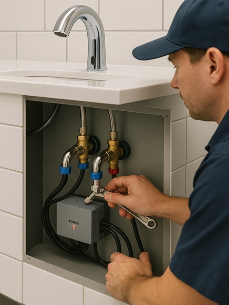 Technician servicing a vandal-resistant Fontana faucet from the public side